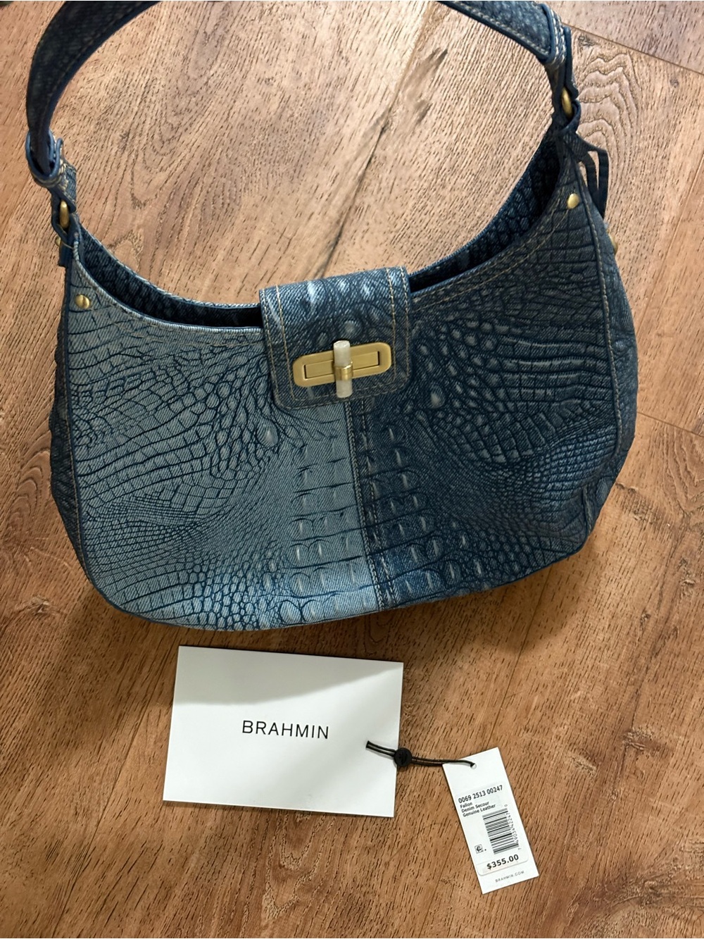 Brahmin denim Blue Croc-Embossed Leather Shoulder Bag